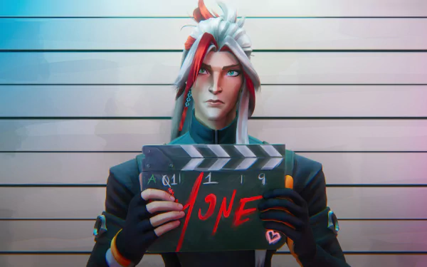 Yone from League of Legends holding a clapperboard with Yone written on it, featuring a Heartsteel theme, as a vibrant HD desktop wallpaper.