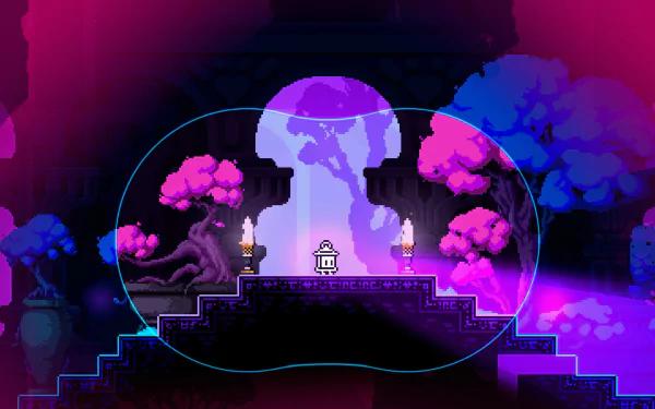 HD desktop wallpaper featuring a mystical KarmaZoo scene with a glowing purple orb, stylized trees, and ancient ruins.