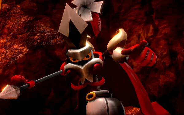 High-definition desktop wallpaper featuring a character from Super Mario RPG, set against a fiery backdrop, perfect for 2023 gaming enthusiasts.
