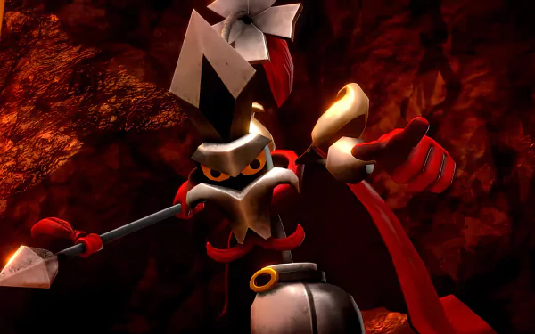 A striking HD desktop wallpaper from Super Mario RPG (2023), featuring a menacing character with a spear and dramatic red backdrop, capturing the game's vibrant and adventurous spirit.