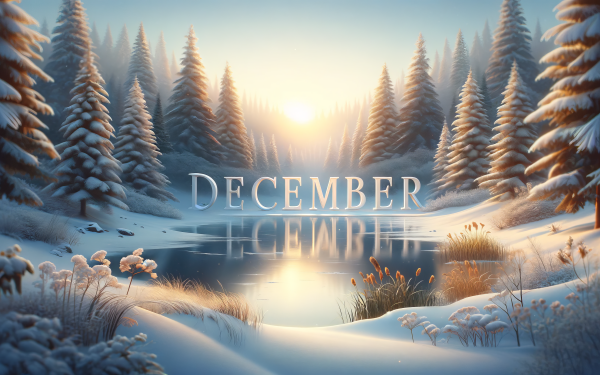 Winter scene HD wallpaper with snowy pine trees around a calm lake at sunset and 'December' text.