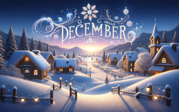 Hello December HD wallpaper featuring a whimsical winter village scene with snow-covered cottages, charming street lamps, and a vibrant sunset sky.