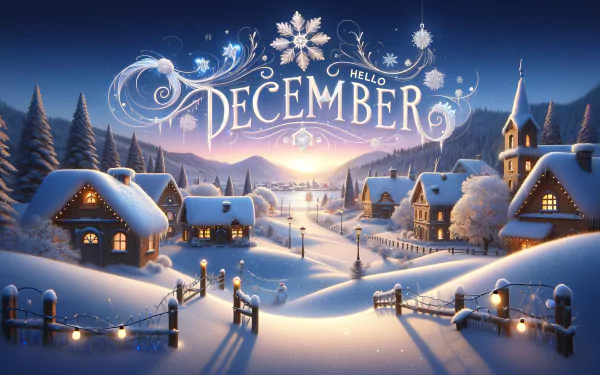 HD desktop wallpaper of a winter-themed village in December, showcasing snow-covered cottages and a sunset background with festive decorations.