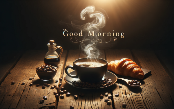 Warm and inviting good morning desktop wallpaper featuring a steaming cup of coffee, coffee beans, a croissant, and a coffee pot on a wooden surface with a soft glowing light and 'Good Morning' text.