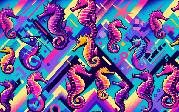 Colorful animated seahorse pattern desktop wallpaper with vibrant geometric background.