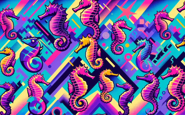 Colorful animated seahorse pattern desktop wallpaper with vibrant geometric background.