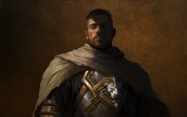 HD desktop wallpaper featuring Anduin Wrynn from the World of Warcraft: The War Within, poised in a commanding portrait with a solemn expression and regal armor.