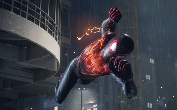 HD desktop wallpaper featuring Spider-Man in action from Marvel's Spider-Man 2 video game, with a dynamic nighttime cityscape background and dramatic lighting effects.