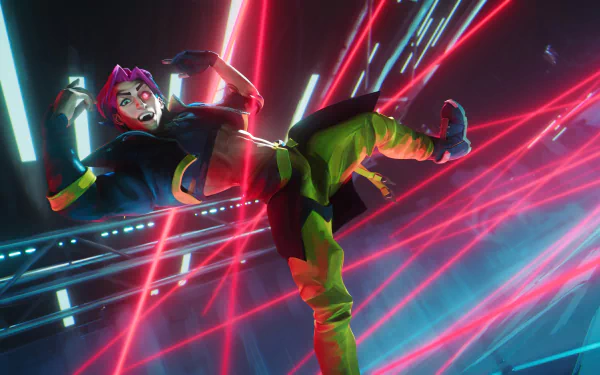 HD wallpaper of Kayn from League of Legends, wielding Heartsteel with dynamic neon lighting effects in the background.