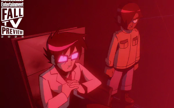 HD desktop wallpaper featuring animated characters from Scott Pilgrim, with a red overlay and 'Fall TV Preview 2023' text.