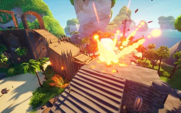 HD desktop wallpaper featuring an explosive scene from Blazing Sails with vibrant tropical island setting for gaming background.