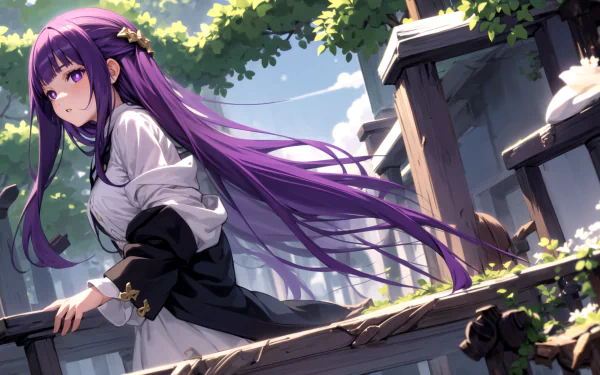 Anime character Fern from Frieren: Beyond Journey's End, with long purple hair, stands outdoors against a backdrop of greenery and wooden structures in this HD desktop wallpaper.