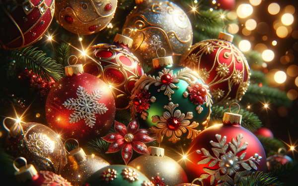 HD wallpaper featuring a close-up of vibrant Christmas tree ornaments adorned with glittering details and warm lights, perfect for a festive desktop background.