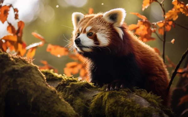 HD desktop wallpaper featuring a red panda in a natural setting with warm sunlight filtering through autumn leaves.