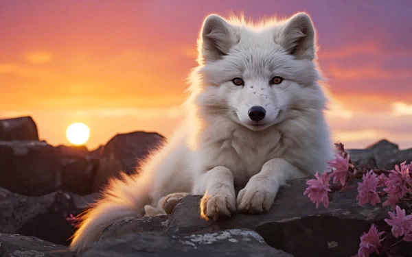 An arctic fox rests on rocks adorned with pink flowers, set against a vibrant sunset backdrop, creating a serene HD desktop wallpaper.