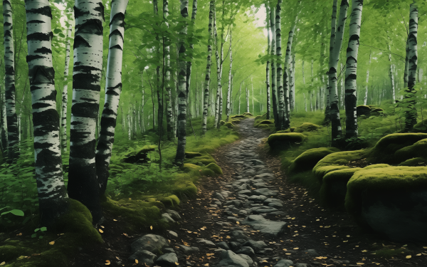 HD desktop wallpaper of a peaceful birch forest with a meandering path and moss-covered stones.