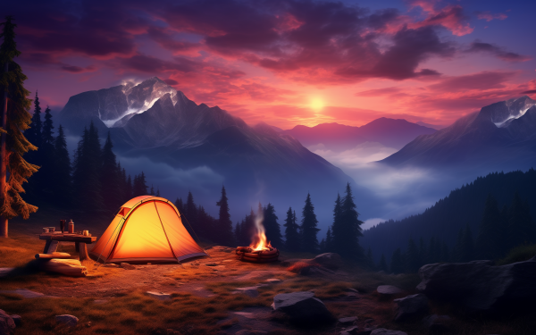 HD desktop wallpaper featuring a serene camping scene with a glowing tent and bonfire in the mountains at sunset.
