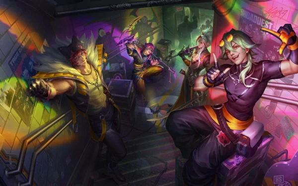 HD wallpaper featuring League of Legends characters Ezreal, Sett, Yone, and Kayn in dynamic poses, with a theme hinting at the Heartsteel in-game item.