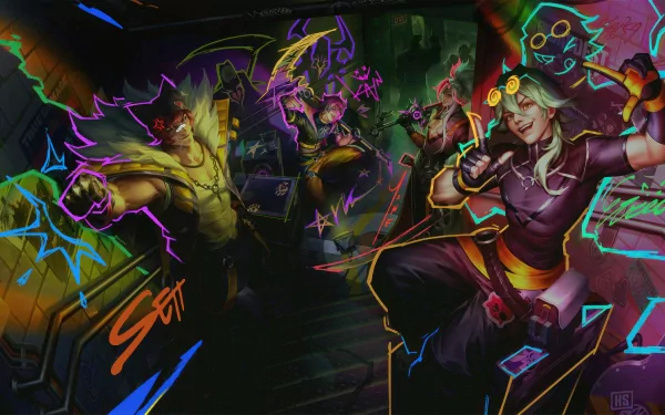A vibrant HD wallpaper featuring Ezreal, Sett, Yone, and Kayn from League of Legends, showcasing a dynamic and colorful design with a Heartsteel theme.