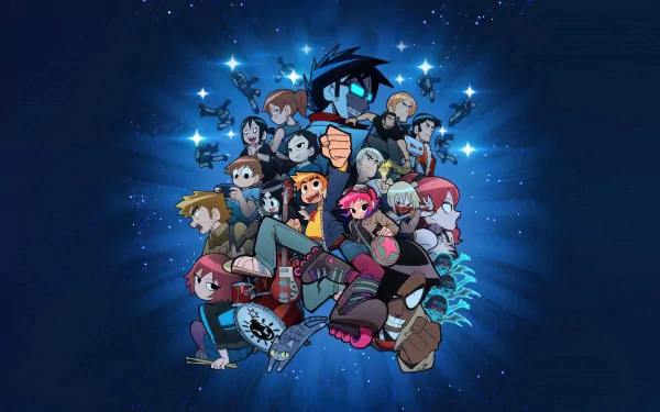 Colorful HD wallpaper featuring characters from the TV show Scott Pilgrim Takes Off, set against a vibrant blue background with dynamic star elements.