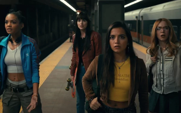 HD wallpaper of four women in a subway station scene, tagged with Madame Web, suitable as a desktop background.