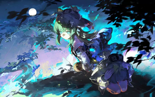 HD desktop wallpaper featuring the character Huohuo from Honkai: Star Rail, set against a mystical moonlit backdrop with vivid foliage.