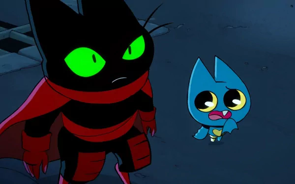 HD wallpaper featuring characters from Mao Mao: Heroes of Pure Heart, with a determined black cat-like hero in red and a worried blue creature against a dark background.