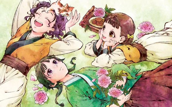 Three joyful characters from The Apothecary Diaries, lying amidst flowers. The colorful anime artwork features vibrant outfits and a serene, nature-inspired background.