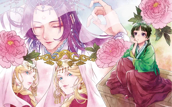 A vibrant HD wallpaper featuring characters from *The Apothecary Diaries*, including Maomao, surrounded by peonies and intricate details that enhance the anime's aesthetic.