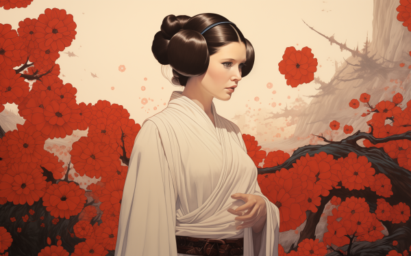 HD desktop wallpaper featuring an artistic interpretation of Princess Leia from Star Wars with a vibrant backdrop of red flowers.
