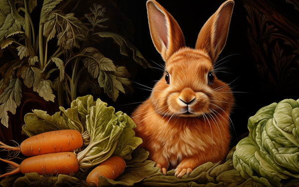HD wallpaper featuring a vivid illustration of a rabbit with carrots and lettuce, perfect for a desktop background.