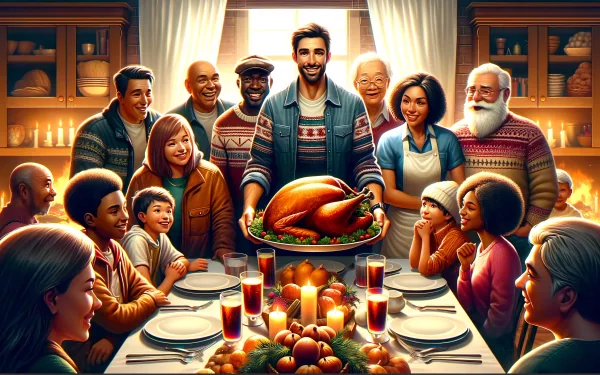 HD Thanksgiving-themed desktop wallpaper featuring a diverse group of people gathered around a dinner table with a roasted turkey centerpiece, symbolizing togetherness and gratitude.