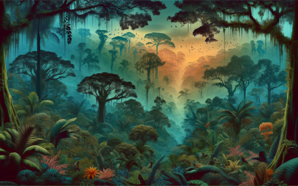HD desktop wallpaper featuring a mystical rainforest at dawn with lush greenery and a hazy, sunlit backdrop.