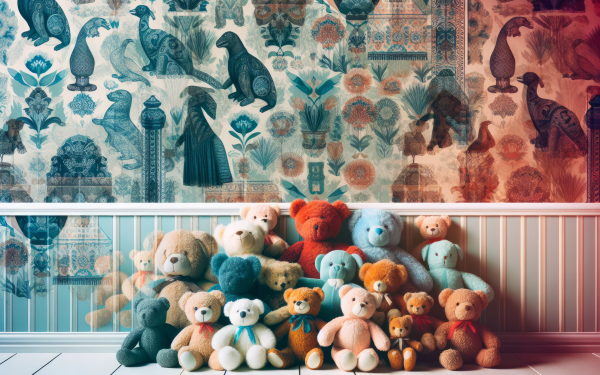 A collection of colorful stuffed teddy bears in front of a vintage bird pattern wallpaper, ideal for HD desktop background.
