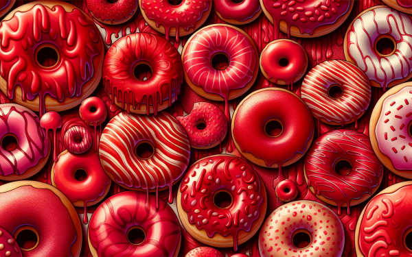 HD wallpaper featuring an assortment of red glazed doughnuts, ideal for a sweet-themed desktop background.