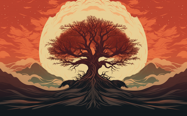 Stunning HD wallpaper featuring the mythical Yggdrasil tree with a vibrant sunset backdrop, perfect for desktop and background use.