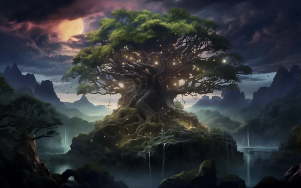 HD wallpaper of mythical Yggdrasil tree with glowing lights and cascades set against a mystical landscape background.