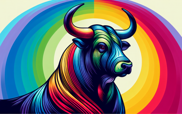 Colorful artistic bull illustration with rainbow background HD desktop wallpaper.