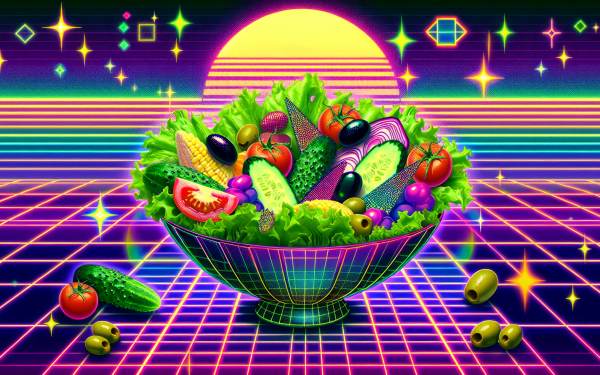 HD wallpaper of a colorful vibrant salad bowl against a retro grid background with a sunset motif.