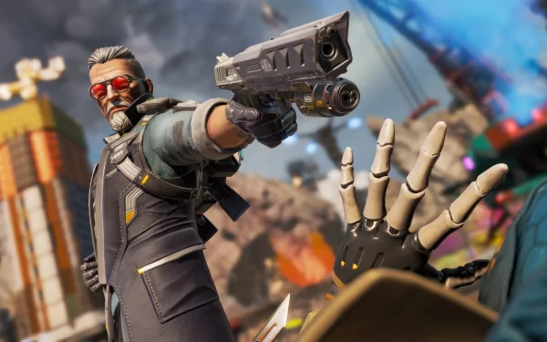 HD wallpaper of Ballistic from Apex Legends, featuring an action-packed pose with a futuristic handgun and robotic hand in the foreground.