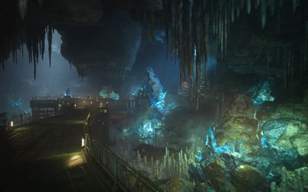 HD desktop wallpaper of a mystical cavern from Final Fantasy VII Rebirth, featuring glowing blue crystals and eerie stalactites.