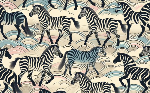 HD wallpaper of stylized zebras with abstract waves, ideal for desktop background.