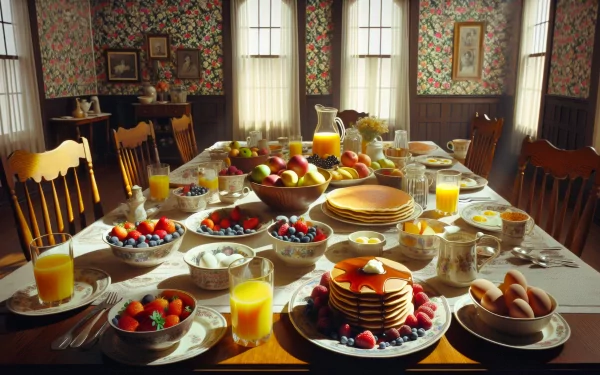 HD desktop wallpaper of a cozy breakfast setting with a hearty spread of pancakes, fresh fruit, orange juice, and eggs, with morning sunlight streaming through the window.