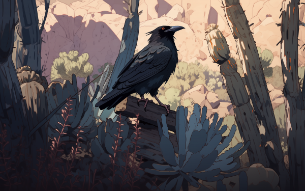 HD desktop wallpaper featuring an illustrated raven perched in a stylized forest setting, perfect for a bird-themed background.