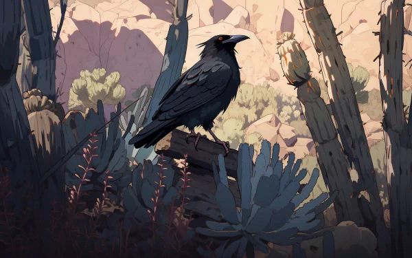 A striking HD wallpaper featuring a raven perched on a log amidst desert vegetation, showcasing rich colors and dramatic shadows in a natural landscape.