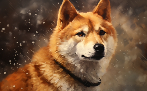 HD desktop wallpaper featuring a Shiba Inu dog against a soft-focus background with a gentle snow effect.