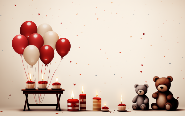 HD Birthday Wallpaper featuring red and white balloons, teddy bears, cupcakes, and lit candles with a festive confetti background.