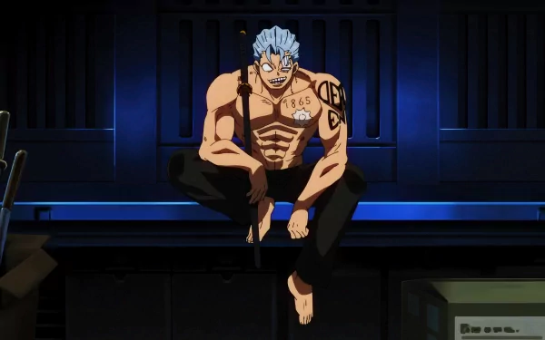 A detailed HD desktop wallpaper featuring Andy from Undead Unluck, showcasing his muscular physique and unique tattoos against a dark, atmospheric background.