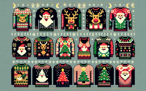 A vibrant collection of ugly sweaters featuring festive designs, including Santa, reindeer, and Christmas trees, designed as a colorful HD desktop wallpaper and background.