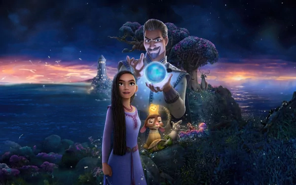 HD desktop wallpaper featuring animated characters from the film Wish (2023), set against a magical twilight landscape backdrop.